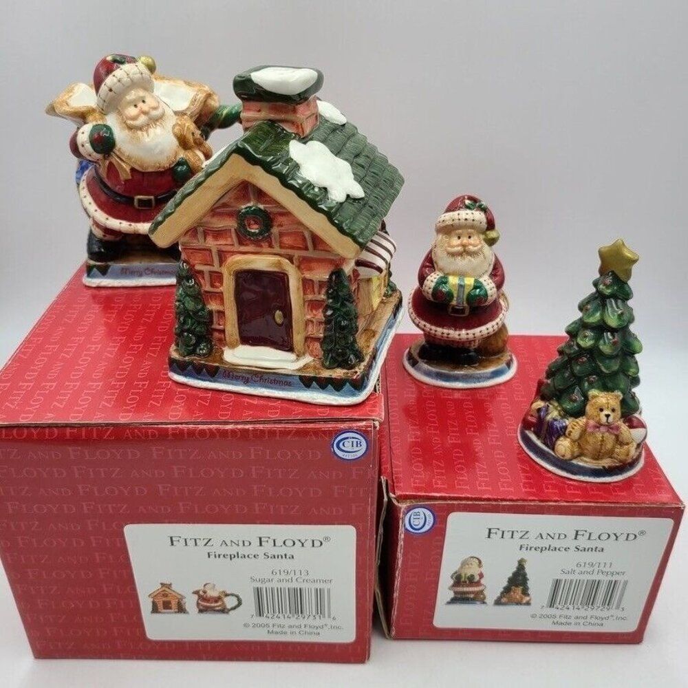 Vintage Fitz & Floyd Fireplace Santa Sugar Creamer 619/113 Salt Pepper 619/111